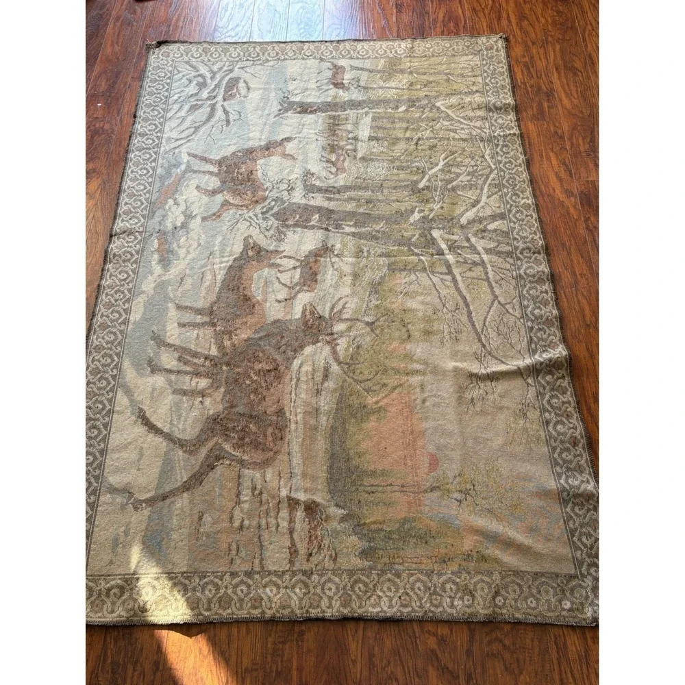 Vtg Velvet Deer Tapestry Wall Hanging Rug Buck Doe Winter Forest Scene 70 x 47" - Picture 14 of 16